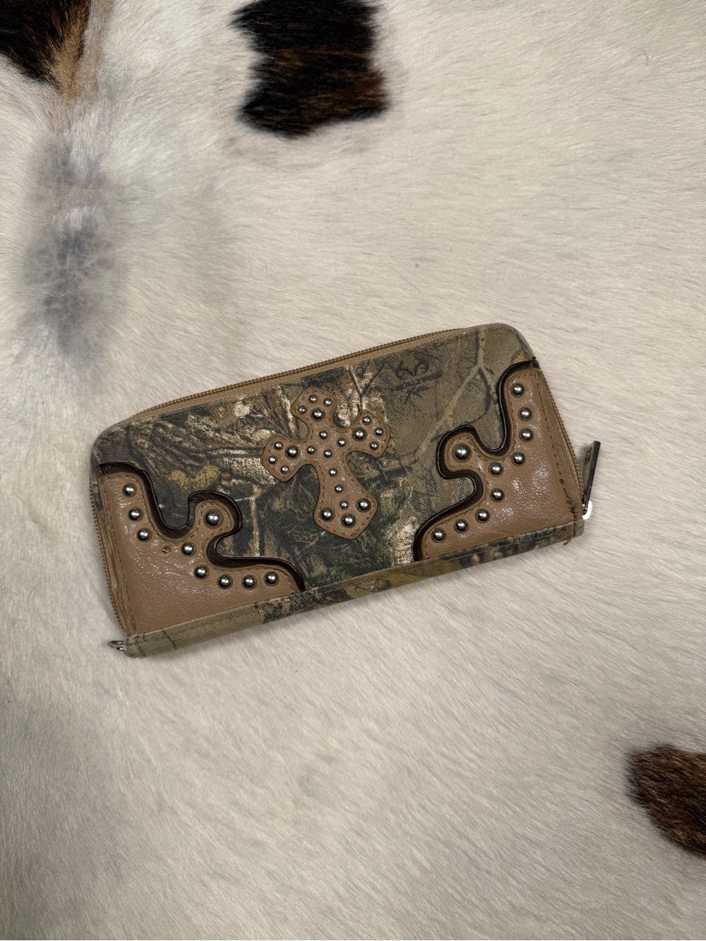 Y2K Camo Cross Studded Wallet Western Grunge Zip Around Wallet